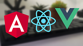 Angularin, Reactin ja Vuen logot tyylitellyllä taustalla