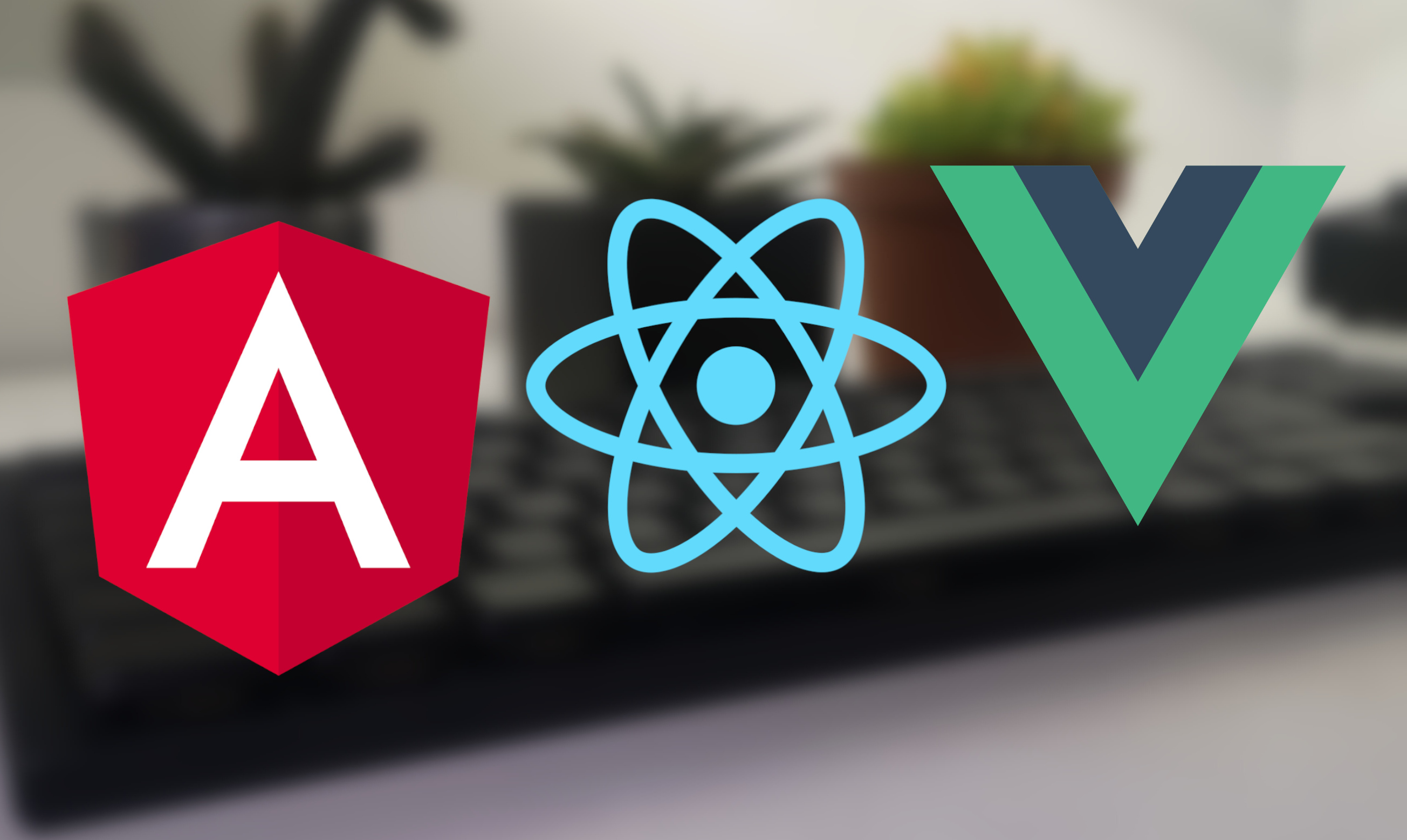 Angularin, Reactin ja Vuen logot tyylitellyllä taustalla