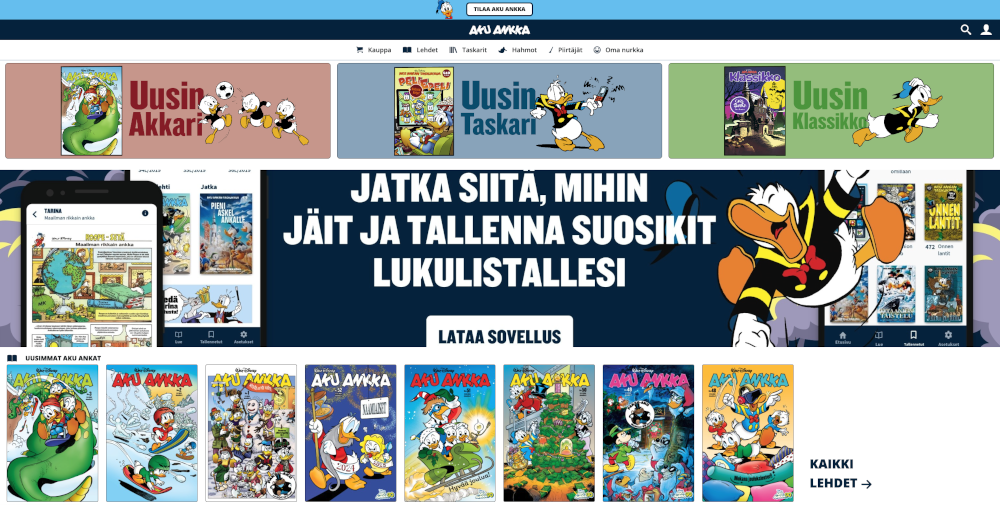 Kuva Akuankka.fi-verkkopalvelun etusivusta
